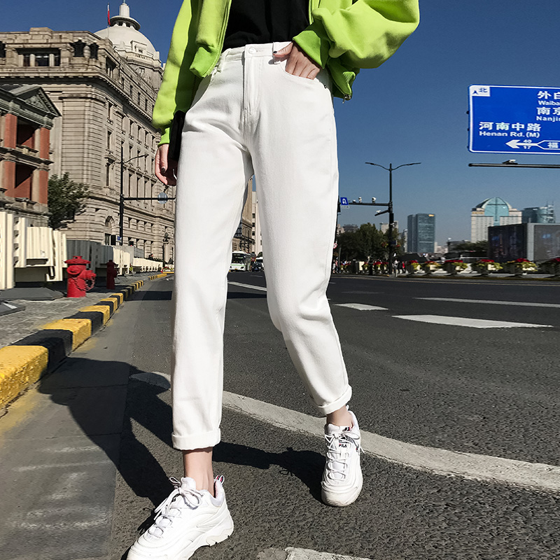 cotton White Jeans for Women High Waist Harem Mom Jeans spring  plus size black women jeans denim pants beige blue