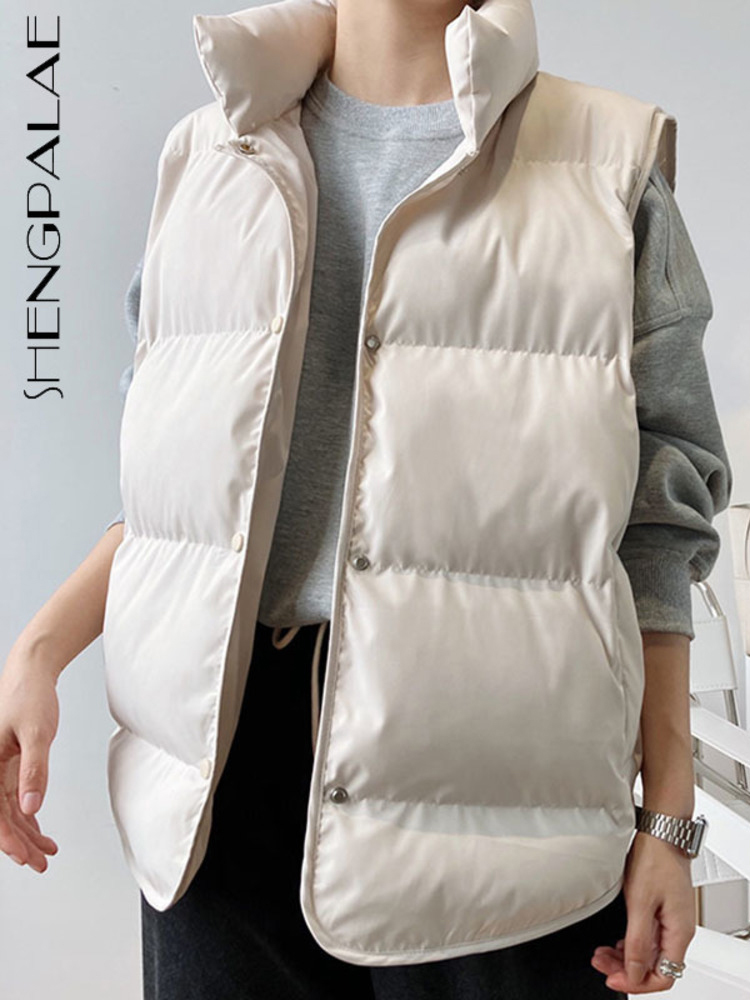 SHENGPALAE  Contton Vest Women's Autumn  Stand Collar Single Breasted Sleeveless Loose Solid Color Waistcoat