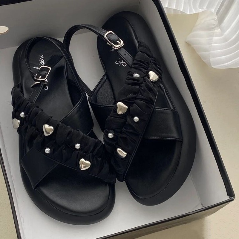 Black  Version Thick-soled Roman Sandals Summer Women's  Flat French Niche Shoes Love Decorative Sandals