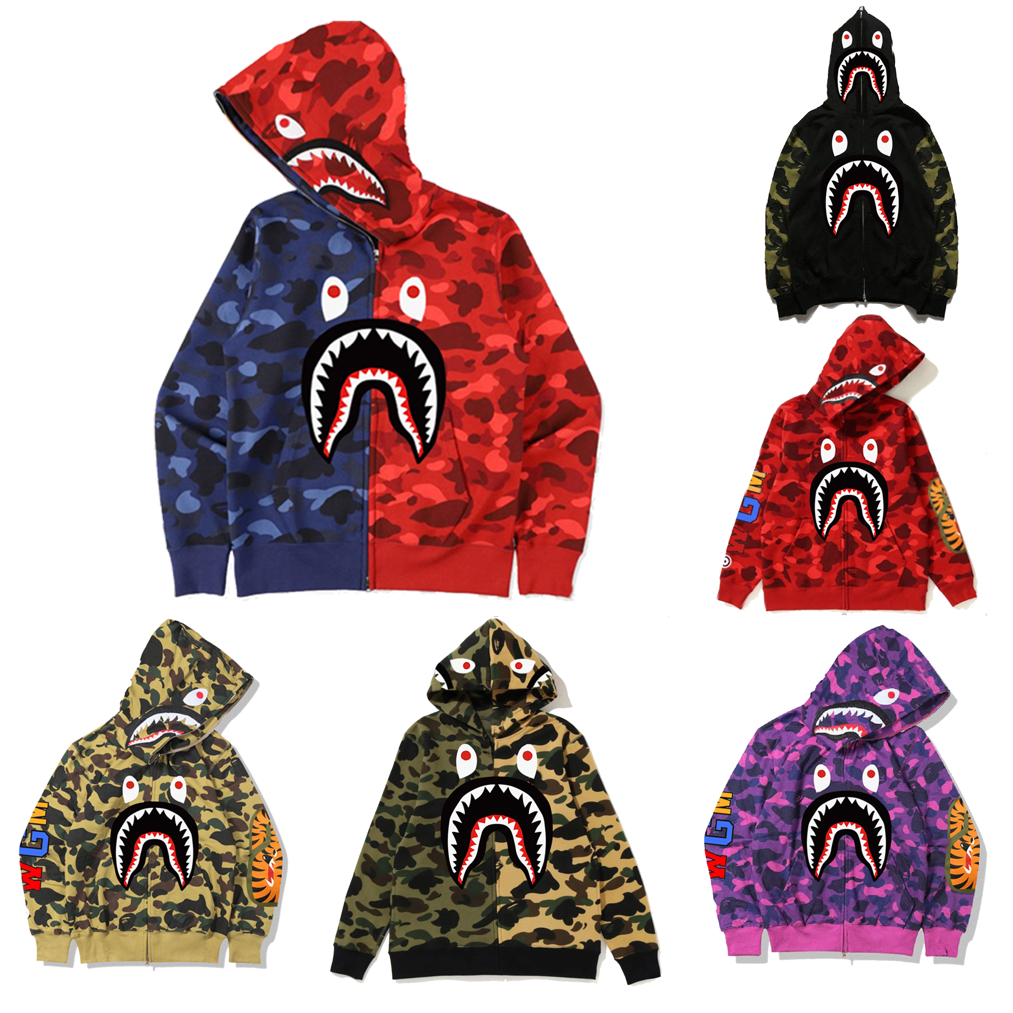 Trendy Hoodie Winter  Camouflage Couple Wear Hoodie Casual Cardigan Hooded Bapes Shark Jacket Street Style Men's Jacket