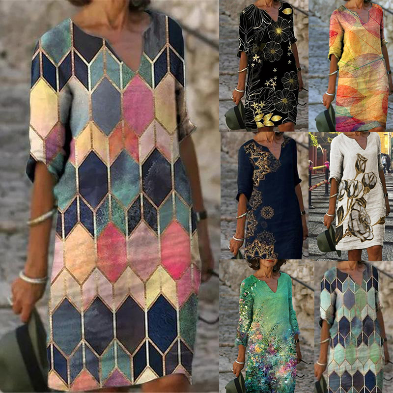 Elegant Women Dress Summer Vintage Print V-Neck Half Sleeve A-Line Dress Sundress   Female Loose Dresses Vestidos