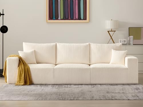 Modern Sleeper Sofa Couches for Living Room-113'' Beige 3 Seater Lounge Cloud Couch-No Assembly Required, Modular Corduroy Convertible Full Sponge Compression Sofas for House, Apartment