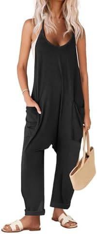 Ekouaer Womens Sleeveless Jumpsuit Loose Spaghetti Strap Baggy Overalls Jumpers Casual Long Pants Rompers with Pockets 2024